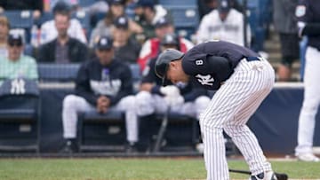 Mar 19, 2016; Tampa, FL, USA; New York Yankees center fielder Jacoby Ellsbury (22) reacts after being hit by a pitch during the fifth inning against the Atlanta Braves at George M. Steinbrenner Field. Ellsbury left the game with a hand injury. Mandatory Credit: Jerome Miron-USA TODAY Sports