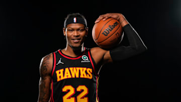 Sep 27, 2021; Atlanta, GA, USA; Atlanta Hawks forward Cam Reddish (22) pictured at Hawks Media Day held at PC&E. Mandatory Credit: Dale Zanine-USA TODAY Sports