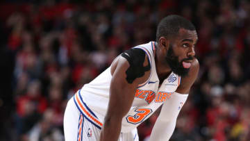 PORTLAND, OR - JANUARY 7: Tim Hardaway Jr. #3 of the New York Knicks looks on against the Portland Trail Blazers on January 7, 2019 at the Moda Center Arena in Portland, Oregon. NOTE TO USER: User expressly acknowledges and agrees that, by downloading and or using this photograph, user is consenting to the terms and conditions of the Getty Images License Agreement. Mandatory Copyright Notice: Copyright 2019 NBAE (Photo by Sam Forencich/NBAE via Getty Images)