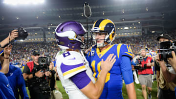 LOS ANGELES, CA - SEPTEMBER 27: Quarterback Kirk Cousins #8 of the Minnesota Vikings and wide receiver Cooper Kupp #18 of the Los Angeles Rams embrace after their game at Los Angeles Memorial Coliseum on September 27, 2018 in Los Angeles, California. (Photo by Kevork Djansezian/Getty Images)