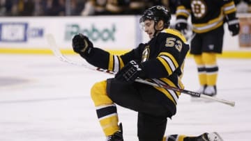 Dec 29, 2014; Boston, MA, USA; Boston Bruins center Seth Griffith (53) celebrates after scoring a goal during the third period against the Detroit Red Wings at TD Banknorth Garden. The Bruins won 5-2. Mandatory Credit: Greg M. Cooper-USA TODAY Sports