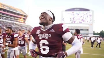 Oct 1, 2022; Starkville, Mississippi, USA; Mississippi State Bulldogs defensive end Jordan Davis (6) reacts after the game against the Texas A&M Aggies at Davis Wade Stadium at Scott Field. Mandatory Credit: Matt Bush-USA TODAY Sports