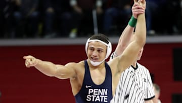 PISCATAWAY, NJ - MARCH 7: Aaron Brooks of the Penn State Nittany Lions gets his hand raised after defeating Cameron Caffey of the Michigan State Spartans during the Big Ten Championships at Rutgers Athletic Center on the campus of Rutgers University on March 7, 2020 in Piscataway, New Jersey. (Photo by Hunter Martin/Getty Images)