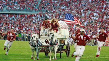 NORMAN, OK - SEPTEMBER 07: The Sooner Schooner rides after a touchdown against the South Dakota Coyotes at Gaylord Family Oklahoma Memorial Stadium on September 7, 2019 in Norman, Oklahoma. The Oklahoma Sooners defeated the South Dakota Coyotes 70-14. (Photo by Brett Deering/Getty Images)