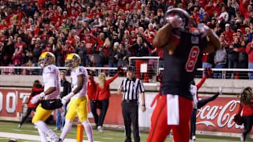 Nov 8, 2014; Salt Lake City, UT, USA; Utah Utes wide receiver Kaelin Clay (8) reacts thinking he scored a touchdown but the ball is live as he dropped it prior to entering the end zone. The Oregon Ducks returned the fumble for a touchdown during the first half at Rice-Eccles Stadium. Mandatory Credit: Russ Isabella-USA TODAY Sports