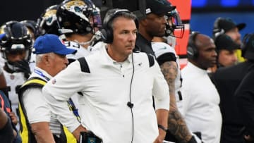 Dec 5, 2021; Inglewood, California, USA; Jacksonville Jaguars head coach Urban Meyer looks on in the third quarter against the Los Angeles Rams SoFi Stadium. Mandatory Credit: Richard Mackson-USA TODAY Sports