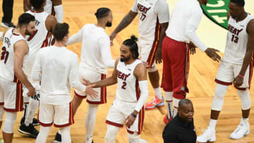 Miami Heat guard Gabe Vincent (2) celebrates the victory against the Boston Celtics(Brian Fluharty-USA TODAY Sports)