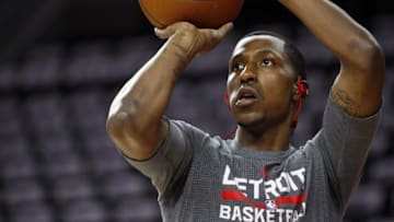 Apr 24, 2016; Auburn Hills, MI, USA; Detroit Pistons guard Kentavious Caldwell-Pope (5) shoots the ball before game four of the first round of the NBA Playoffs against the Cleveland Cavaliers at The Palace of Auburn Hills. Mandatory Credit: Raj Mehta-USA TODAY Sports