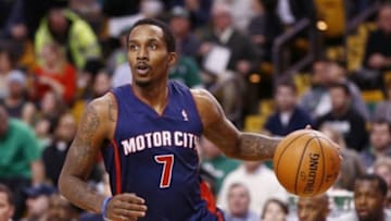 Mar 9, 2014; Boston, MA, USA; Detroit Pistons point guard Brandon Jennings (7) drives to the hoop against the Boston Celtics during the first half at TD Garden. Mandatory Credit: Mark L. Baer-USA TODAY Sports