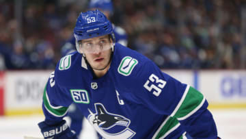 VANCOUVER, BC - OCTOBER 09: Vancouver Canucks captain Bo Horvat #53 prepares for a face-off while playing the Los Angeles Kings at Rogers Arena on October 9, 2019 in Vancouver, Canada. (Photo by Ben Nelms/Getty Images)
