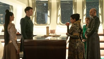 Gia Sandhu as T'Pring, Ethan Peck as Spock, Ellora Patniak as T'Pril, Mia Kirshner as Amanda Grayson and Michael Benyaer as Sevet in episode 205 “Charades” of Star Trek: Strange New Worlds, streaming on Paramount+, 2023. Photo Cr: Michael Gibson/Paramount+