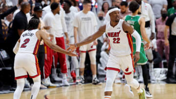 Jimmy Butler #22 of the Miami Heat celebrates a basket with Gabe Vincent #2 against the Boston Celtics(Photo by Michael Reaves/Getty Images)