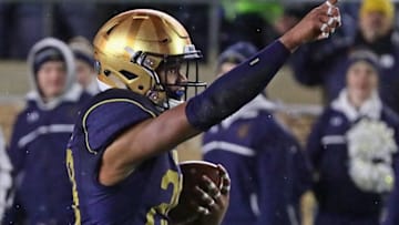 SOUTH BEND, IN - NOVEMBER 18: Kevin Stepherson #29 of the Notre Dame Fighting Irish celebrates scoring the game-winning touchdown against the Navy Midshipmen at Notre Dame Stadium on November 18, 2017 in South Bend, Indiana. Notre Dame defeated Navy 24-17. (Photo by Jonathan Daniel/Getty Images)