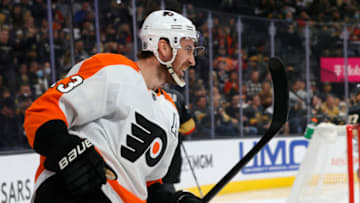 LAS VEGAS, NEVADA - DECEMBER 10: Kevin Hayes #13 of the Philadelphia Flyers celebrates his first-period goal against the Vegas Golden Knights during their game at T-Mobile Arena on December 10, 2021 in Las Vegas, Nevada. (Photo by Ethan Miller/Getty Images)