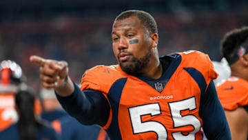 DENVER, COLORADO - AUGUST 28: Bradley Chubb #55 of the Denver Broncos stands in the bench area during an NFL preseason game against the Los Angeles Rams at Empower Field at Mile High on August 28, 2021 in Denver, Colorado. (Photo by Dustin Bradford/Getty Images)
