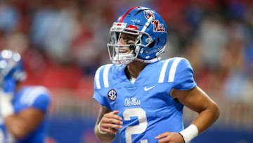 Sep 6, 2021; Atlanta, Georgia, USA; Mississippi Rebels quarterback Matt Corral (2) shows emotion against the Louisville Cardinals in the second half at Mercedes-Benz Stadium. Mandatory Credit: Brett Davis-USA TODAY Sports
