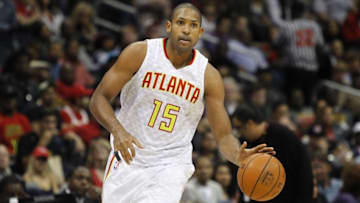 Oct 30, 2015; Atlanta, GA, USA; Atlanta Hawks forward Al Horford (15) dribbles the ball against the Charlotte Hornets in the third quarter at Philips Arena. The Hawks won 97-94. Mandatory Credit: Brett Davis-USA TODAY Sports