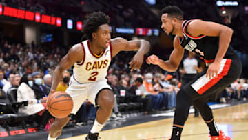 Nov 3, 2021; Cleveland, Ohio, USA; Portland Trail Blazers guard CJ McCollum (3) defends Cleveland Cavaliers guard Collin Sexton (2) in the third quarter at Rocket Mortgage FieldHouse. Mandatory Credit: David Richard-USA TODAY Sports
