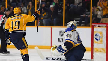 Nov 10, 2016; Nashville, TN, USA; Nashville Predators center Calle Jarnkrok (19) celebrates after scoring past St. Louis Blues goalie Carter Hutton (40) during the third period at Bridgestone Arena. Mandatory Credit: Christopher Hanewinckel-USA TODAY Sports