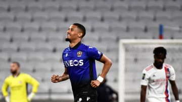 Nice's French defender William Saliba celebrates scoring his team's third goal during the French L1 football match between Lyon (OL) and OGC Nice at The Groupama Stadium in Decines-Charpieu, near Lyon, central-eastern France on May 23, 2021. (Photo by JEFF PACHOUD / AFP) (Photo by JEFF PACHOUD/AFP via Getty Images)