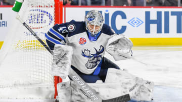 LAVAL, QC, CANADA - FEBRUARY 23: Mikhail Berdin of the Manitoba Moose ready for a shot against the Laval Rocket at Place Bell on February 23, 2019 in Laval, Quebec. (Photo by Stephane Dube /Getty Images)