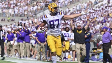 Sep 25, 2021; Starkville, Mississippi, USA; LSU Tigers tight end Kole Taylor (87) reacts as he scores a touchdown against the Mississippi State Bulldogs during the fourth quarter at Davis Wade Stadium at Scott Field. Mandatory Credit: Matt Bush-USA TODAY Sports