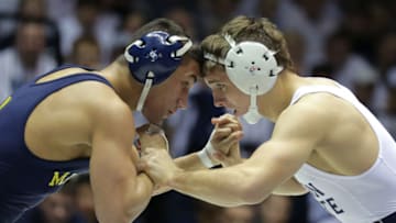 STATE COLLEGE, PA - JANUARY 31: Zain Retherford of the Penn State Nittany Lions during a match against Alex Pantaleo of the Michigan Wolverines on January 31, 2016 at Recreation Hall on the campus of Penn State University in State College, Pennsylvania. Penn State won 35-7. (Photo by Hunter Martin/Getty Images)