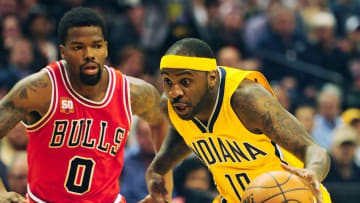 Mar 29, 2016; Indianapolis, IN, USA; Indiana Pacers guard Ty Lawson (10) drives against Chicago Bulls guard Aaron Brooks (0) in the first half at Bankers Life Fieldhouse. Mandatory Credit: Thomas J. Russo-USA TODAY Sports