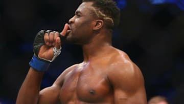 Nov 24, 2018; Beijing, China; Francis Ngannou (blue gloves) defeats Curtis Blaydes (red gloves) during UFC Fight Night at Cadillac Arena. Mandatory Credit: Jerry Lai-USA TODAY Sports