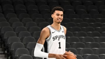 French basketball player Victor Wembanyama demonstrates his skills following a news conference introducing the Spurs 2023 Draft Class, at the AT&T Center in San Antonio, Texas, on June 24, 2023. (Photo by Patrick T. Fallon / AFP) (Photo by PATRICK T. FALLON/AFP via Getty Images)