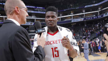 SACRAMENTO, CA - OCTOBER 18: Clint Capela #15 of the Houston Rockets speaks with media after defeating the Sacramento Kings on October 18, 2017 at Golden 1 Center in Sacramento, California. NOTE TO USER: User expressly acknowledges and agrees that, by downloading and or using this photograph, User is consenting to the terms and conditions of the Getty Images Agreement. Mandatory Copyright Notice: Copyright 2017 NBAE (Photo by Rocky Widner/NBAE via Getty Images)