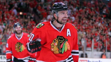 Jun 1, 2014; Chicago, IL, USA; Chicago Blackhawks left wing Patrick Sharp (10) celebrates his goal during the second period in game seven of the Western Conference Final of the 2014 Stanley Cup Playoffs against the Los Angeles Kings at the United Center. Mandatory Credit: Dennis Wierzbicki-USA TODAY Sports