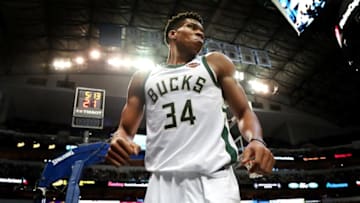 DALLAS, TX - NOVEMBER 18: Giannis Antetokounmpo #34 of the Milwaukee Bucks reacts against the Dallas Mavericks in the second half at American Airlines Center on November 18, 2017 in Dallas, Texas. NOTE TO USER: User expressly acknowledges and agrees that, by downloading and or using this photograph, User is consenting to the terms and conditions of the Getty Images License Agreement. (Photo by Tom Pennington/Getty Images)