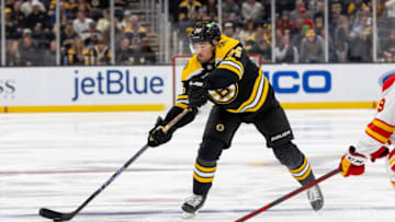 BOSTON, MA - NOVEMBER 10: Connor Clifton #75 of the Boston Bruins skates against the Calgary Flames at the TD Garden on November 10, 2022 in Boston, Massachusetts. The Bruins won 3-1. (Photo by Richard T Gagnon/Getty Images)