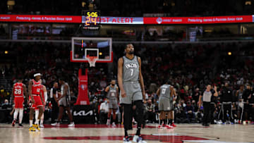 Kevin Durant #7 of the Brooklyn Nets walks backcourt during a game against the Chicago Bulls at United Center on January 12, 2022 in Chicago, Illinois. NOTE TO USER: User expressly acknowledges and agrees that, by downloading and or using this photograph, User is consenting to the terms and conditions of the Getty Images License Agreement. (Photo by Stacy Revere/Getty Images)