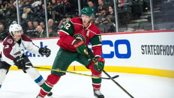 Sep 27, 2016; Saint Paul, MN, USA; Minnesota Wild forward Eric Staal (12) carries the puck during the second period of a preseason hockey game against the Colorado Avalanche at Xcel Energy Center. Mandatory Credit: Brace Hemmelgarn-USA TODAY Sports