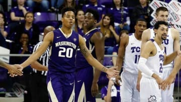 Nov 30, 2016; Fort Worth, TX, USA; Washington Huskies guard Markelle Fultz (20) reacts after being fouled against the TCU Horned Frogs during a game at Ed and Rae Schollmaier Arena. TCU won 86-71. Mandatory Credit: Ray Carlin-USA TODAY Sports