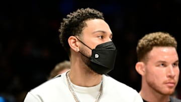 NEW YORK, NEW YORK - FEBRUARY 14: Ben Simmons of the Brooklyn Nets looks on from the bench against the Sacramento Kings at Barclays Center on February 14, 2022 in New York City. NOTE TO USER: User expressly acknowledges and agrees that, by downloading and or using this photograph, User is consenting to the terms and conditions of the Getty Images License Agreement. (Photo by Steven Ryan/Getty Images)