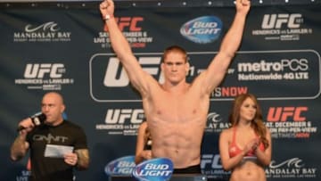 Dec 5, 2014; Las Vegas, Nevada, USA; Heavyweight Todd Duffee weighs in for his bout against Anthony Hamilton (not pictured) during the UFC 181 weigh-ins at Mandalay Bay Events Center. Mandatory Credit: Joe Camporeale-USA TODAY Sports