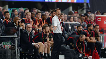 ATLANTA, GA MARCH 10: Atlanta head coach Frank de Boer gestures from the sideline during the MLS match between FC Cincinnati and Atlanta United FC on March 10th, 2019 at Mercedes Benz Stadium Fifth Third Bank Stadium in Atlanta, GA. (Photo by Rich von Biberstein/Icon Sportswire via Getty Images)