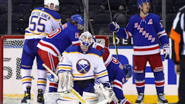 Mar 22, 2021; New York, New York, USA; New York Rangers left wing Chris Kreider (20) celebrates his second goal of the game at 5:47 of the third period on a powerplay against Buffalo Sabres goaltender Dustin Tokarski (31) at Madison Square Garden. Mandatory Credit: Bruce Bennett/POOL PHOTOS-USA TODAY Sports