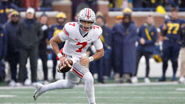 Nov 27, 2021; Ann Arbor, Michigan, USA; Ohio State Buckeyes quarterback C.J. Stroud (7) against the Michigan Wolverines at Michigan Stadium. Mandatory Credit: Rick Osentoski-USA TODAY Sports