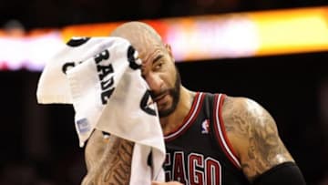 Apr 16, 2014; Charlotte, NC, USA; Chicago Bulls forward Carlos Boozer (5) wipes his head during a time out during the first half of the game against the Charlotte Bobcats at Time Warner Cable Arena. Mandatory Credit: Sam Sharpe-USA TODAY Sports