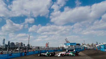 NEW YORK, NY - JULY 14: In this handout provided by FIA Formula E, Lucas Di Grassi (BRA), Audi Sport ABT Schaeffler, Audi e-tron FE04, leads Daniel Abt (GER), Audi Sport ABT Schaeffler, Audi e-tron FE04 during the New York City ePrix, Round 11 of the 2017/18 FIA Formula E Series on July 14, 2018 in New York, United States. (Photo by Steven Tee/FIA Formula E via Getty Images)