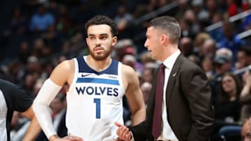 MINNEAPOLIS, MN - MARCH 26: Tyus Jones #1 of the Minnesota Timberwolves and Ryan Saunders of the Minnesota Timberwolves. Copyright 2019 NBAE (Photo by David Sherman/NBAE via Getty Images)