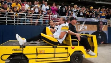 Sep 27, 2015; St. Louis, MO, USA; Pittsburgh Steelers quarterback Ben Roethlisberger (7) is taken off the field after being injured during the third quarter against the St. Louis Rams at The Edward Jones Dome. Mandatory Credit: Joshua Lindsey-USA TODAY Sports