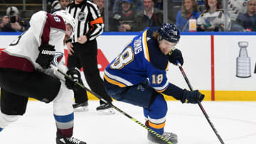 ST. LOUIS, MO - APRIL 01: Colorado Avalanche defenseman Ian Cole (28) and St. Louis Blues center Robert Thomas (18) compete for the puck during a NHL game between the Colorado Avalanche and the St. Louis Blues on April 01, 2019, at Enterprise Center, St. Louis, MO. (Photo by Keith Gillett/Icon Sportswire via Getty Images)