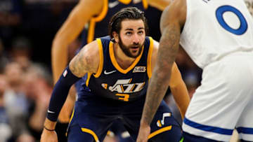 MINNEAPOLIS, MN - OCTOBER 20: Ricky Rubio #3 of the Utah Jazz defends against Jeff Teague #0 of the Minnesota Timberwolves during the game on October 20, 2017 at the Target Center in Minneapolis, Minnesota. The Timberwolves defeated the Jazz 100-97. (Photo by Hannah Foslien/Getty Images)