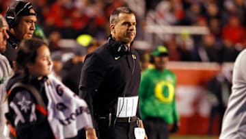 Oregon Ducks head coach Mario Cristobal reacted in the fourth quarter against the Utah Utes at Rice-Eccles Stadium. Mandatory Credit: Jeffrey Swinger-USA TODAY Sports