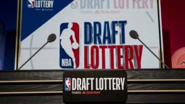 The podium with logos is seen prior to the 2018 NBA Draft Lottery at the Palmer House Hilton. Mandatory Credit: Patrick Gorski-USA TODAY Sports